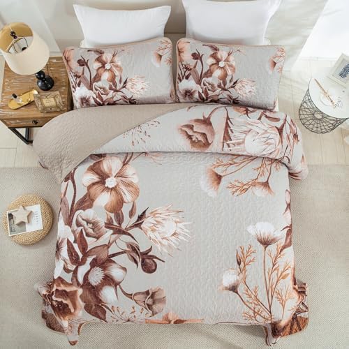 Drucon Khaki Floral Quilt Set Queen 3 Pieces Boho Flower Quilt Coverlet Set - Image 3