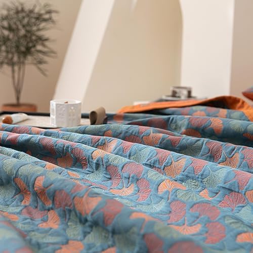 100% Cotton Muslin Blanket Jacquard Floral Ginkgo Leaves Quilt, Soft Bed Cover 3 Layers Reversible Bedspread Coverlet Breathable Lightweight Bedding Full/Queen(78"x94"), No Pillow Sham - Image 3