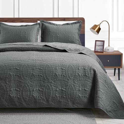 Love's cabin Quilts for Full Bed Dark Grey Bedspreads Bedding Set - Lightweight Bedspread Comforter - Coin Pattern Bedding Coverlet for All Season - 3 Pieces (1 Quilt, 2 Pillow Shams) by Lovescabin