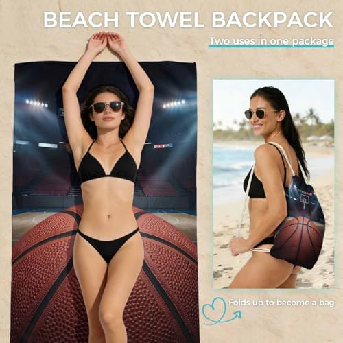 Beach Towel Bag 2 in 1 Basketball Bath Pool Towels Backpack Match Game Stadium Arena Absorbent Beach Towel Soft Quick Dry Lightweight Packable Towels Drawstring Bag for Travel Camping Sports Picnic - Image 2