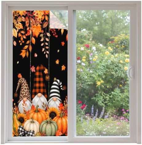 Window Privacy Film Frosted, Thanksgiving Gnomes Non-Adhesive Static Cling Window Tint, Fall Pumpkin Maple Leaves Black Insulated Windows Frosted Films for Living Room, 35.4 x 78.7 Inches by Unknown