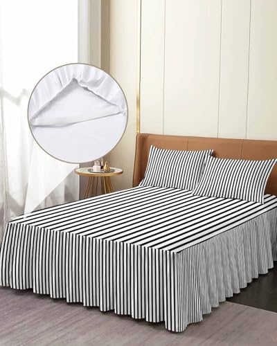 Ruffle Skirt Bedspread for Full Size Bed Modern Black White Stripe 3 Piece Bedding Cover with Pillow Sham,18In Drop Bedskirt Coverlet for Bedroom Dorm Geometric Line Minimalist Style - Image 4
