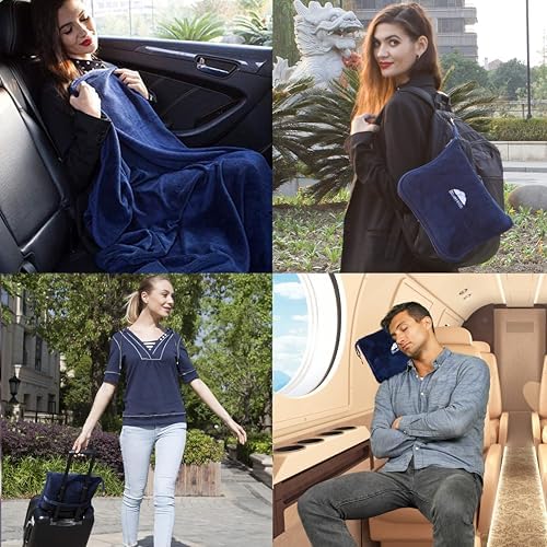 BlueHills Premium Soft Travel Blanket Pillow Value Pack Set of 2 Airplane Flight Blanket Throw in Carry Case, Luggage Belt & Backpack Clip Travel Must Haves for Frequent Flyers, Navy Blue & Teal Green - Image 4