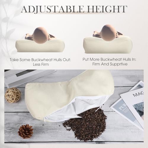 DoubleFill 2 Pcs Buckwheat Neck Pillow Adjustable, Beige, Cotton and Linen - Image 5