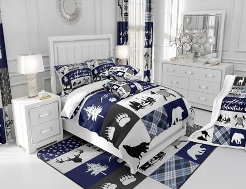 Castle Fairy Deer Bear Comforter Set Twin Size,Rustic Farmhouse Wildlife Patchwork Blue Bedding Set for Kids Boys Men,Camping Cabin Decor Boho Aztec Tribal Quilted Duvet Set with 1 Pillowcase - Image 6