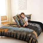 Erosebridal Rv Camper Full Size Comforter Set Happy Camping Bedding Set Rustic Farmhouse Wooden Board Bedding Comforter Sets Mountain Pine Trees Quilt 3 Pcs Blue Brown - Image 4