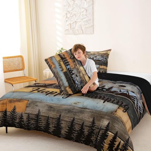 Erosebridal Rv Camper Full Size Comforter Set Happy Camping Bedding Set Rustic Farmhouse Wooden Board Bedding Comforter Sets Mountain Pine Trees Quilt 3 Pcs Blue Brown - Image 4