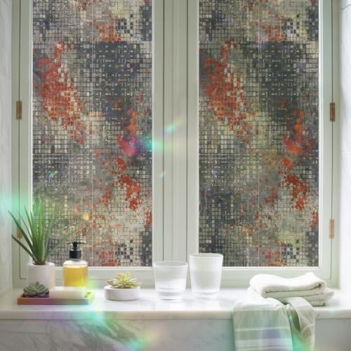 Window Privacy Film Static Cling, Burnt Orange Gray Decorative Stained Glass Window Film for Balcony Doors/Full-Length Windows, Geometric Modern Industrial Abstract Art 23.6 x 78.7 Inches - Image 6
