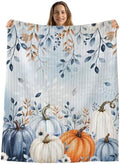 Blue Pumpkins Fall Throw Blanket, Thanksgiving Eucalyptus Fluffy Soft Blankets for Couch Bed Travel, Autumn Leaves Plush Microfiber Striped Flannel Blankets, Lightweight Sofa Blankets 60"x80" by Unknown