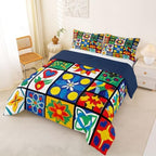 Erosebridal Mexican Talavera Tiles King Size Comforter Set, Colorful Floral Patchwork Bedding Sets for Kids Girls Boys, Vintage Boho Flower Bed Set Quilts, Mexico Ethnic Room Decor - Image 5
