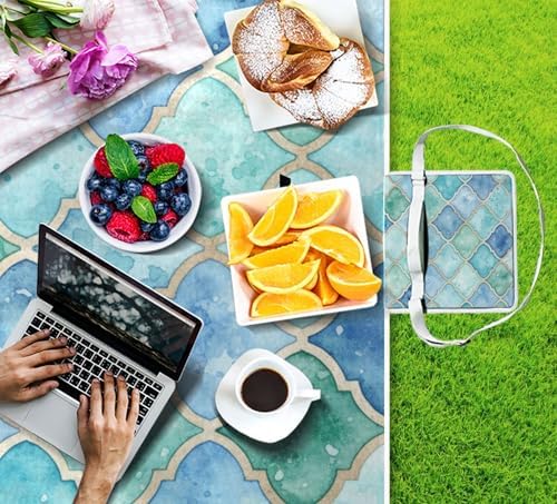 MNSRUU Picnic Blanket Waterproof Foldable, Green and Blue Moroccan Large Outdoor Picnic Beach Camping Blanket Travel Mat, Shoulder Strap Tote, Rectangle 57x59in - Image 4