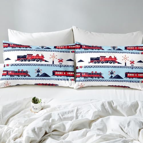 Red White and Blue Train Fitted Sheet Cartoon Train Railroad Tracks Kids Bedding Set Traffic Transportation Track Bed Sheets Cute Retro Vintage Vehicle Sheets Twin 2Pcs, 1 Fitted Sheet 1 Pillowcase - Image 4