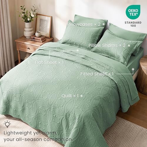 Love's cabin Queen Quilt Set Sage, Bed in a Bag Queen Size Bedding 7 Pieces, Ultrasonic Embossed Coin Pattern Comforter, Lightweight Bedspreads for All Seasons Quilt with Sheets, Pillowcases & Shams - Image 2