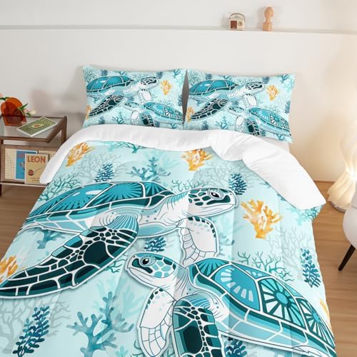 HOSIMA Coastal Beach Themed Sea Turtle Twin Comforter with 2 Pillowcases. - Image 4
