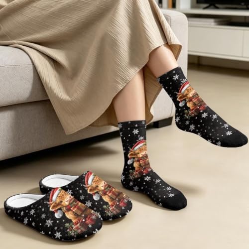 Jeiento Winter Fuzzy Slipper and Crew Socks Warm Winter Shoes Lightweight Soft Cushion House Slipper Bedroom Shoes - Image 3