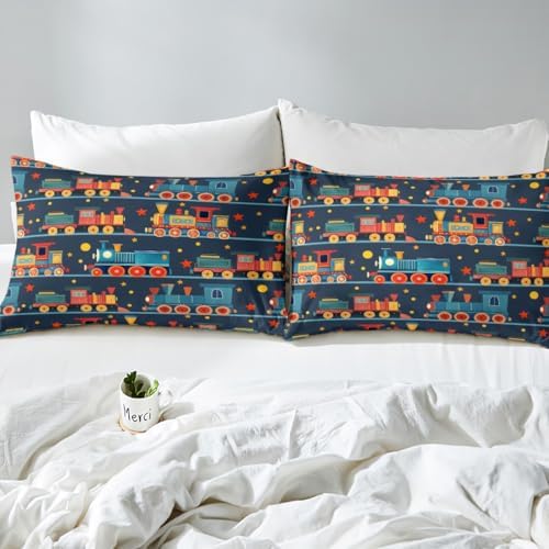 Erosebridal Vintage Train Fitted Sheet for Boys Girls Kids Cartoon Trains Twin Bed Sheets,Railroad Print Sheets Colorful Steam Engine Bedding Sets, No Top Sheet - Image 6
