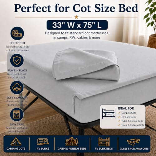 Zipper Cot Fitted Sheet, 33 x 75 Camping Cot Mattress Sheets, 400 Thread Count 100% Cotton, Includes 1 Wraparound Base, 2 Removable Zipper Top Sheets & 2 Pillowcases, 8 Inch Deep Pocket, Light Grey - Image 2