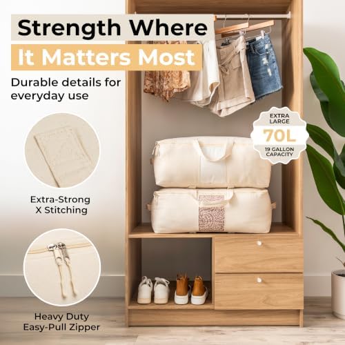 Soft Canvas Storage Bags with Zipper. Thick Breathable, 2pc King/Queen Comforter Organizer. Four Carrying Handles and Window. Large 25x19x9in Bag for Sheets Blankets Bedding Pillows, Clothes - Image 3