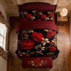 CCoutueChen Vintage Floral Comforter Set Full Size, Red and Black Bedding Set with Gold Botanical Leaves, Dark Burgundy Soft Microfiber Comforter for Adult Women, 3Pcs 2 Pillowcases / 79"x90" - Image 3