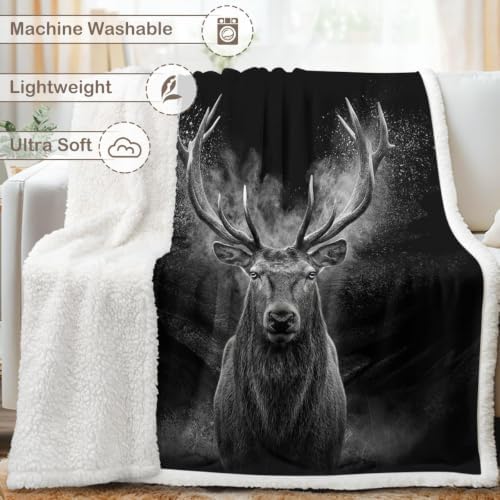 Stag Blanket Rustic Lodge Sherpa Throw for Couch, Masculine Deer Design for Cabin Decor, 60x80 Inches Soft Fuzzy Cozy Animal Black Blanket for Men Living Room - Image 6