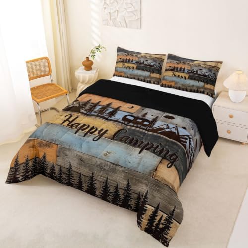 Erosebridal Rv Camper Full Size Comforter Set Happy Camping Bedding Set Rustic Farmhouse Wooden Board Bedding Comforter Sets Mountain Pine Trees Quilt 3 Pcs Blue Brown - Image 3