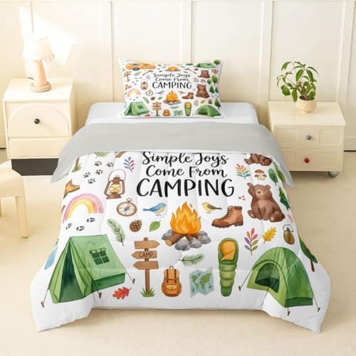 Erosebridal Forest Themed Camping Toddler Size Comforter Set, RV Bunk Camper Outdoor Kids Bedding Set for Girls Boys, Woodland Farmhouse Bear 2-Piece Bed Sets, Travel Trailers Room Decor by Erosebridal
