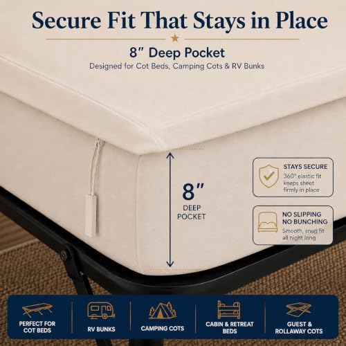 Zipper Cot Fitted Sheet Bundle, 28 x 75 Camping Cot Mattress Sheets, 400 Thread Count 100% Cotton, Includes 1 Wraparound Base, 2 Removable Zipper Top Sheets & 2 Pillowcases, 8 Inch Deep Pocket, Ivory - Image 5