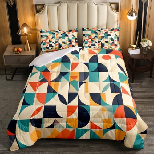 Erosebridal Teal Orange Geometric Toddler Bedding Set,Retro Abstract Aesthetic Comforter Set for Kids Room Decor,Colorful Quilt Bed Set Boho Style Down Comforter 2Pcs by Erosebridal
