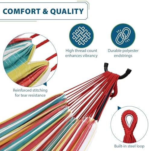 Vivere Double Cotton Hammock with Space Saving Steel Stand, Upgraded Polyester End Strings 450 lb Capacity - Premium Carry Bag Included - USA Grown Cotton (Salsa) - Image 3