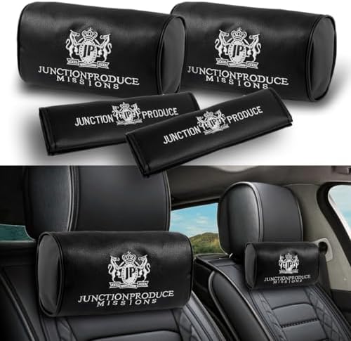 W-POWER 4PCS Junction Produce JDM Car Neck Pillow Headrest + JP VIP Embroidery Car Seat Belt Cover Set (Black) by W-POWERAutomotive