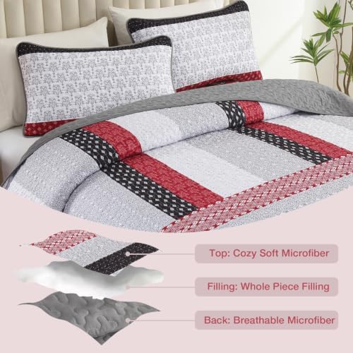 WONGS BEDDING Boho Queen Size Quilt Set, Black Red Striped Bedspread - Image 4