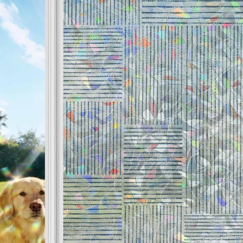 Window Privacy Film Static Cling, Blue Modern Striped Decorative Stained Glass Window Film for Floor-to-Ceiling Glass/Large Patio Doors, Grid Line Blocks Farmhouse 29.5 x 118 Inches - Image 4
