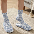 Toile de Jouy Fuzzy Slipper with Socks for Women Cozy Slipper Indoor - Image 3