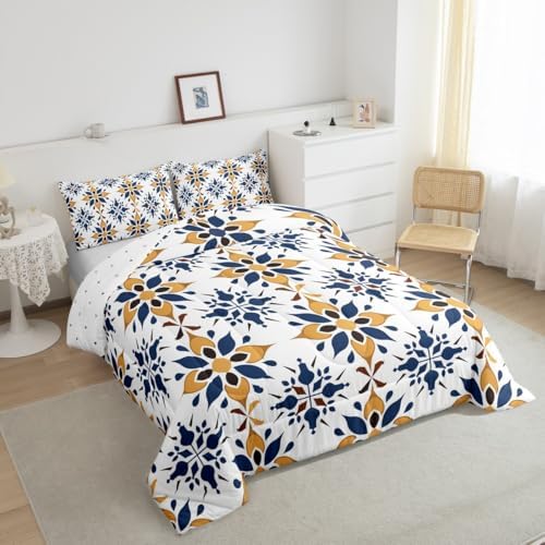 Erosebridal Mexican Style Full Bedding Set,Talavera Tile Ethnic Comforter Set for Kids Adults,Colorful Boho Floral Duvet Insert,Navy Blue Orange Geometric Bedroom Decor with 2 Pillowcases - Image 5