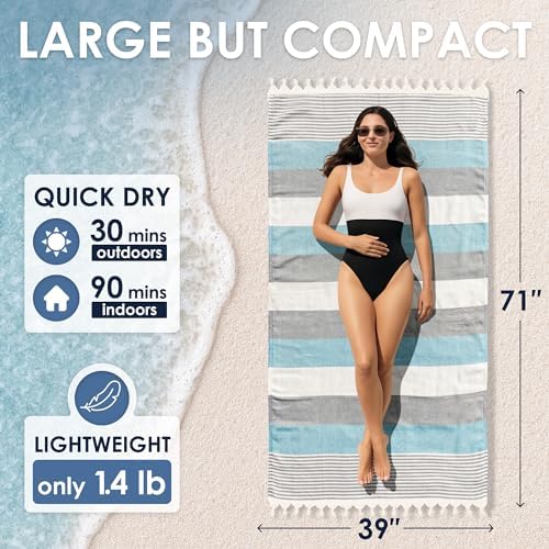 ATANI Turkish Beach Towel, Converts to a Bag, Oversized 100% Cotton Bath Towels Lightweight Quick-Dry Beach Blanket for Travel, Picnic, Camping, Yoga and Pool (Grey x Turquise, 71 inc x 39 inc) - Image 4
