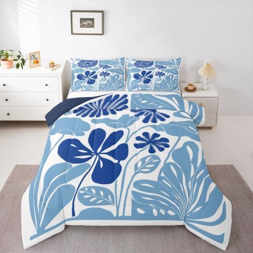 Erosebridal Abstract Blue Flower Queen Comforter Set for Kids Boho Floral Bedding Sets Retro Vintage Aesthetic Quilt for Girls Teens Women Bedroom Modern Minimalist 70S Bedding Comforter Sets by Erosebridal