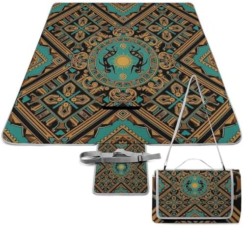 Large Foldable Picnic Blanket Teal Southwestern Southwest Design Native African American Indian Flute Outdoor Picnic Mat Waterproof Beach Blanket for Park Camping by Unknown