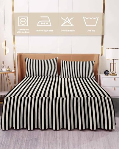 Black Striped Bed Skirts for Queen Bed 18 Inches Drop, Wrap Around Bedskirt Dust Ruffle Pleated Bedspread Modern Simple Farmhouse Beige Vintage Fitted Sheet with 2 Decorative Pillowcase 30"x20" - Image 2