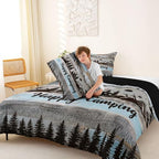 Erosebridal Rustic Camping Full Comforter Set Rv Camper Bedding Set Country Farmhouse Wooden Board Comforter for Kids Boys Girls Mountain Pine Trees Quilt Duvet Blue Grey - Image 4