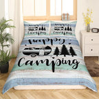 Castle Fairy Rustic Farmhouse Style Duvet Cover Queen Size,Camper Comforter Cover with 2 Pillowcase for Teens Adults,Happy Camping Black Sketch Drawing Breathable 3 Pieces Decorative Bed Cover - Image 3