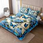 HOSIMA Blue Butterfly Floral Patchwork Quilt Full Size with 2 Pillowcases. - Image 2