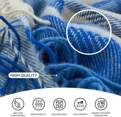 New Zealand Virgin Wool Throw Blanket, Indoor and Outdoor Blankets and Throws, Comfortable Soft Blanket with Fringes and Tartan Pattern, 67 x 79 in, Queen Size, Blue and White - Image 4