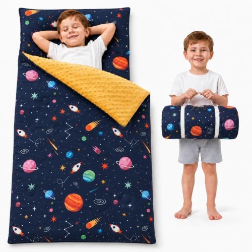 Toddler Nap Mat with Pillow, Kids Sleeping Bag, Space by BunnikinsClover