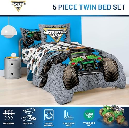 Monster Jam Twin Comforter Set 5 Piece Kids Sports Bedding for Boys, Gray - Image 4