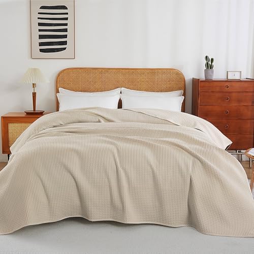 100% Egyptian Cotton Waffle Weave Throw Blanket for Bed Couch Sofa Home Decor, Soft Lightweight Bed & Couch Blanket for All Seasons (Light Khaki - King Size - 104 * 90") - Image 2