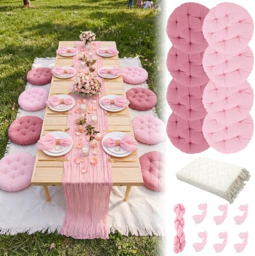 Beeveer 71 x 118'' Extra Large Outdoor Picnic Blanket with Pink Table Runner 8 Napkins and 8 Pink Floor Pillows Cushions for Picnic Party Camping Wedding Bachelorette Birthday Baby Shower Decor by Beeveer