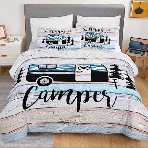 HOSIMA Travel Trailer Printed Happy Camper Twin Quilt with 2 Pillowcases. - Image 3