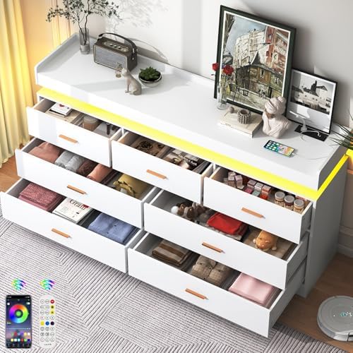 jiteentarou 7 Drawer Dresser with Charging Station and LED Lights, Modern Chest of Drawers with Power Outlet, Organizer Cabinet for Bedroom, Living Room, Entryway, White - Image 4
