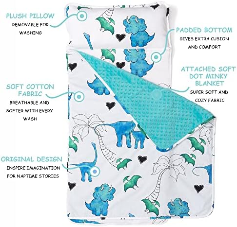 JumpOff Jo Nap Mat for Kids - Cozy Kids Rest Mat with Removable Pillow and Ultra Soft Blanket for Preschool, Daycare, and Sleepovers - Blue Dino - Image 2