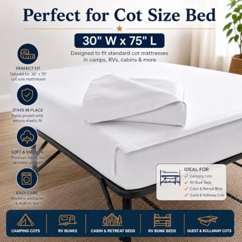 Zipper Cot Fitted Sheet Bundle, 30 x 75 Camping Cot Mattress Sheets, 400 Thread Count 100% Cotton, Includes 1 Wraparound Base, 2 Removable Zipper Top Sheets & 2 Pillowcases, 8 Inch Deep Pocket, White - Image 2